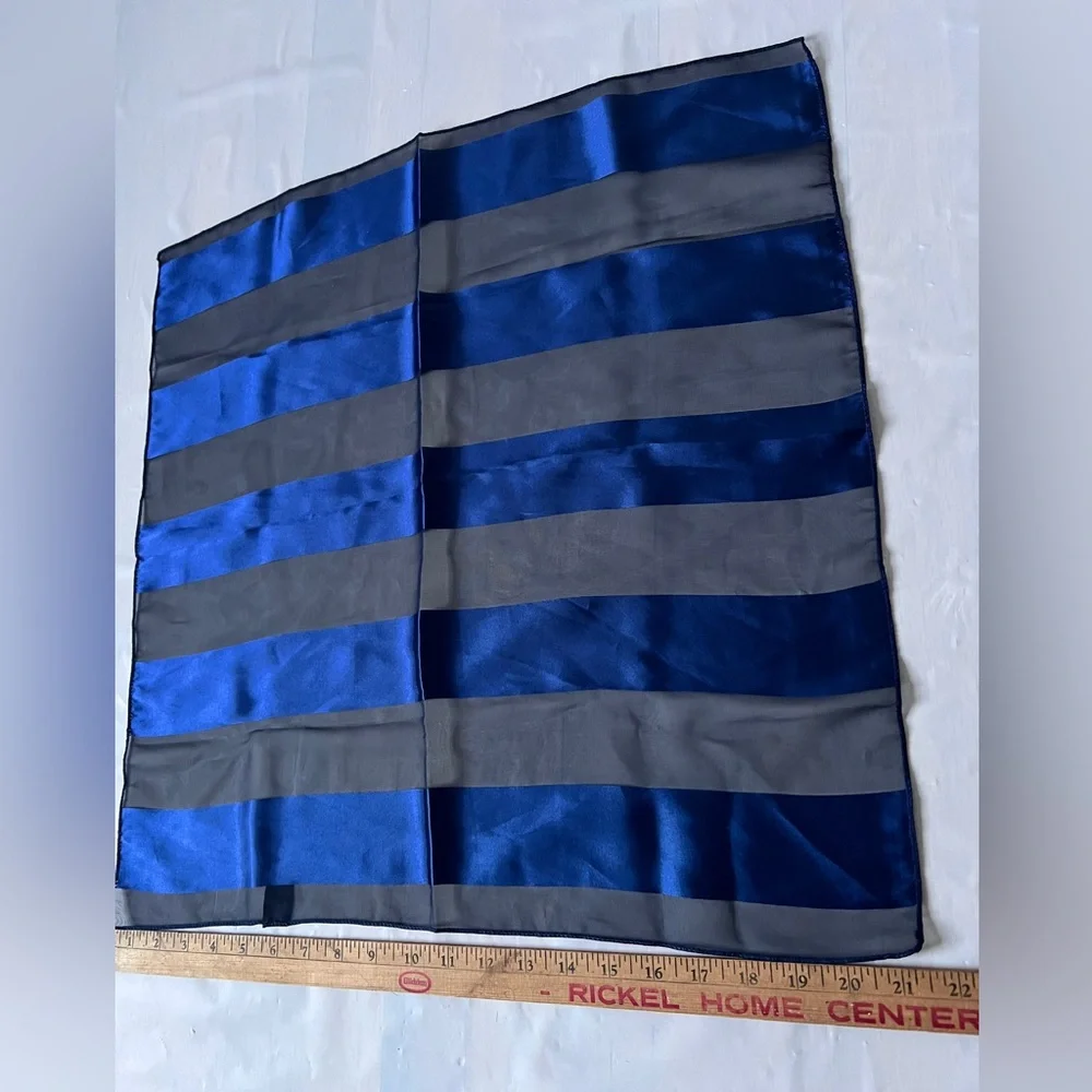 Vintage Blue and Charcoal Grey Sheer Satin Striped Square Scarf 21 × 21 nWOT